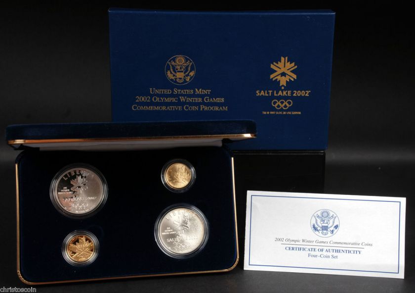 2002 Salt Lake Olympic Winter Games 4 Coin Proof & UNC Silver $ & $5 