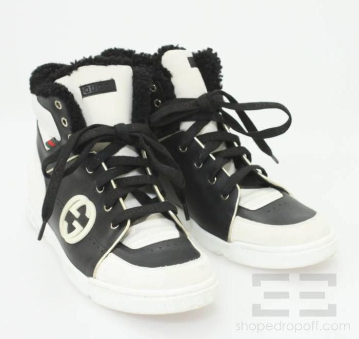 Gucci Mens Black Leather & White Suede Lizard Trim Hi Top Sneakers 