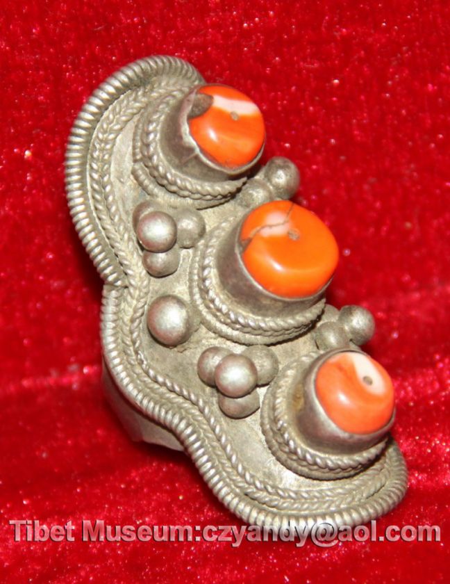 Wonderful Old Antique Tibetan Noble Pure Silver Coral Ring  