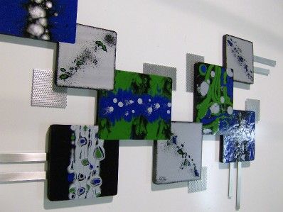 Emerald Blue Abstract Squares Wood Metal Wall Sculpture  