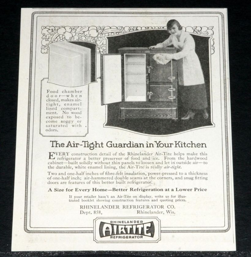 1921 OLD MAGAZINE PRINT AD, AIRTITE RHINELANDER REFRIGERATOR, AIR 